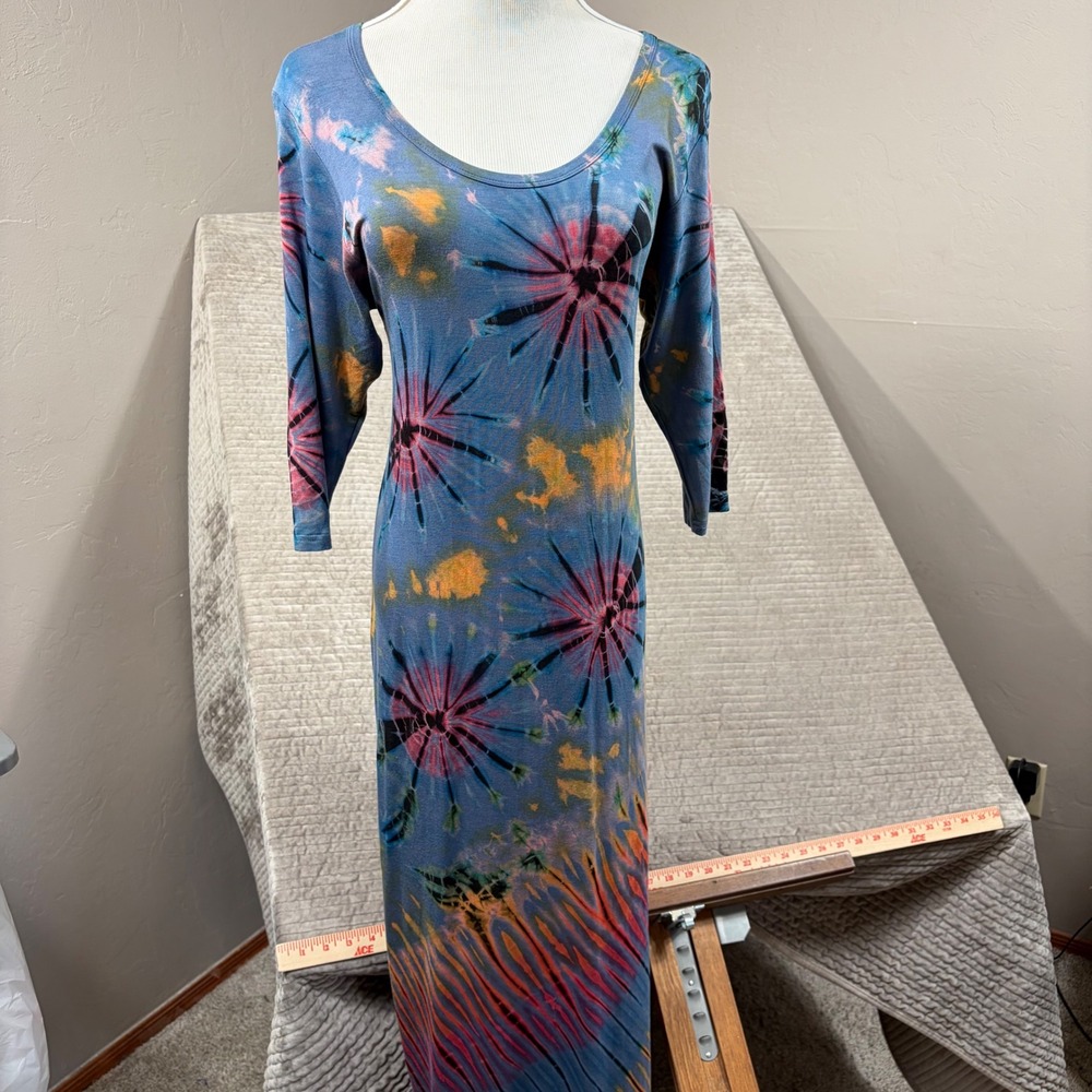 Kathmandu Imports Tie Dye Maxi Dress Blue Pink Orange Boho Festival 3/4 Sleeve